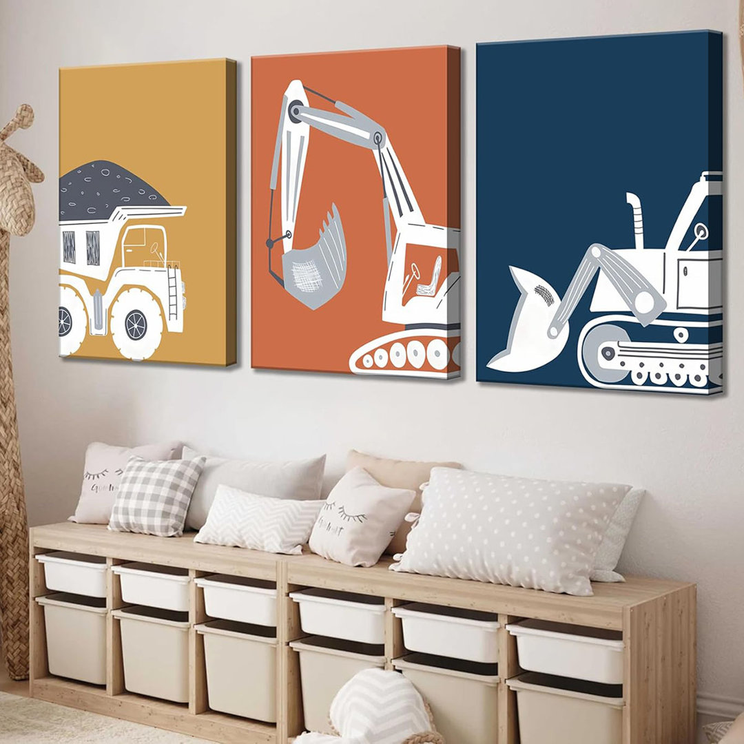3 Pcs Construction Truck Nursery Canvas Wall Art Excavator Dump Truck Tractor Painting Picture Wall Decor Poster Print Artwork Kids Room Boys Room Bab