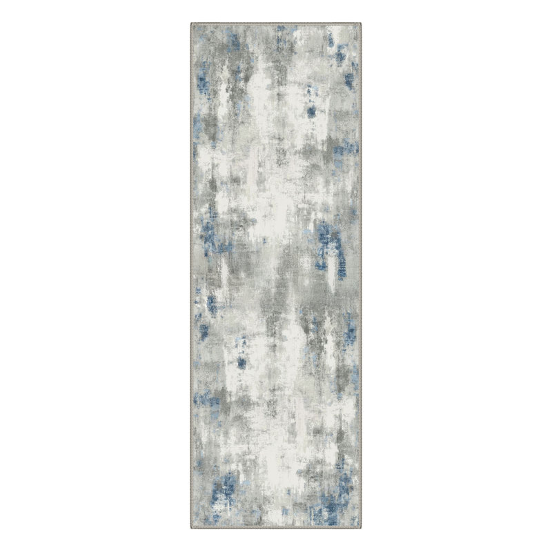 Mignone Pavelina Abstract Machine Washable Grey/Ivory/Blue Indoor Area Rug With Non-Slip Backing, Runner 2'6" x 8'