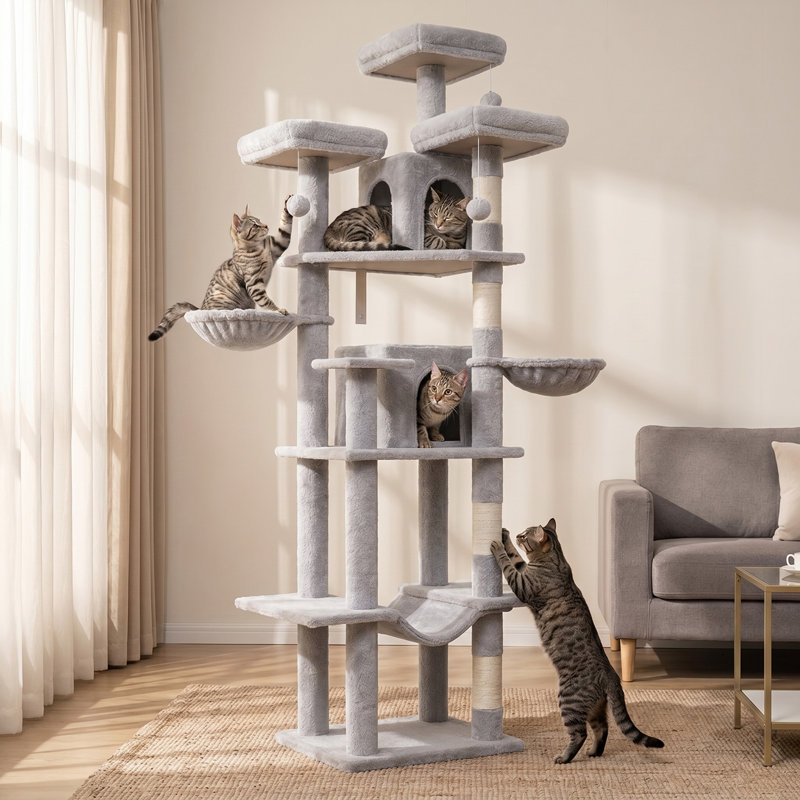 Arbre à chat 80 po pour chat adulte 80 po avec poteau à griffes, hamac, 3 perchoirs, 2 condos, 2 paniers suspendus