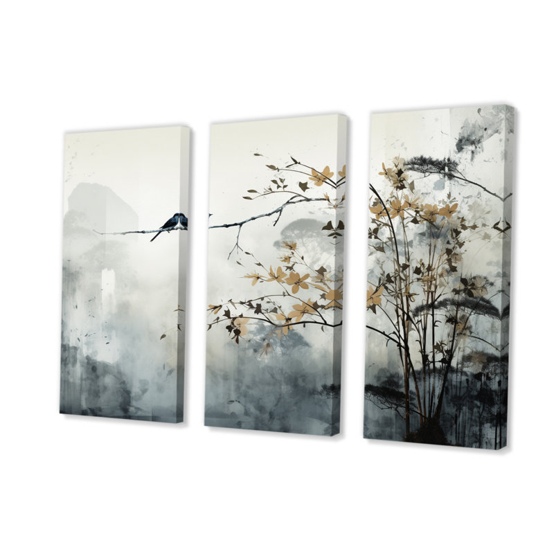 «Asian Art Sumi Bird Serenity XVII» sur toile, reproduction de 3 pièces, H 32 po x l 48 po x P 1 po