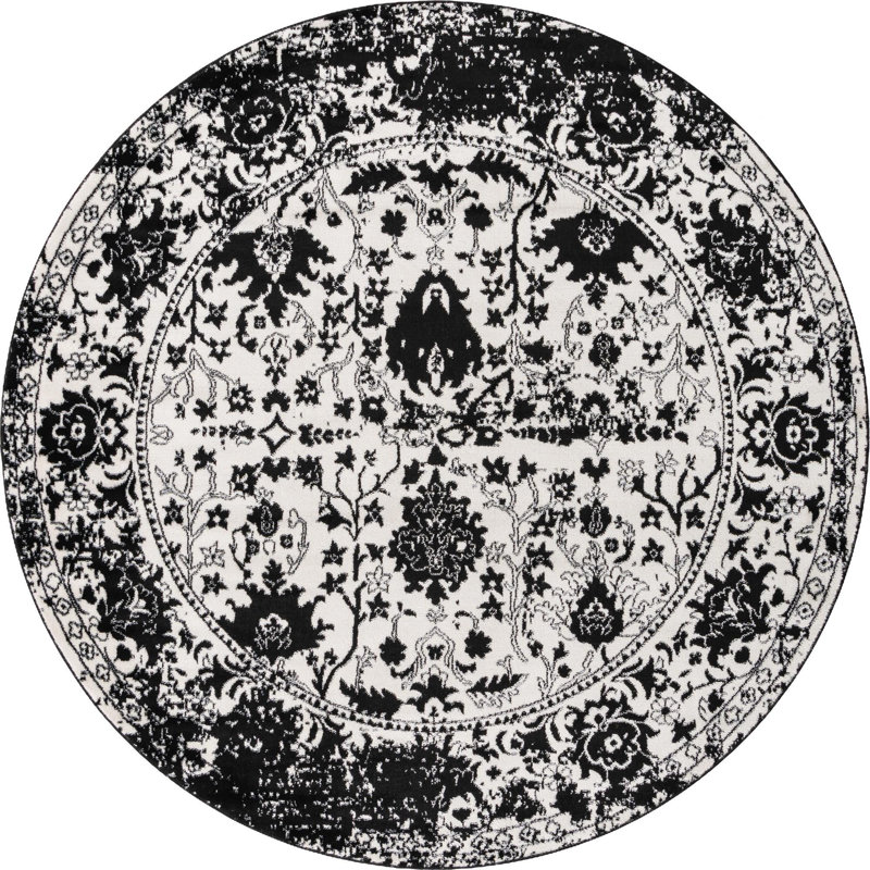 Tapis oriental blanc / noir Ortilio, Rond 7 pi 1 po, Black