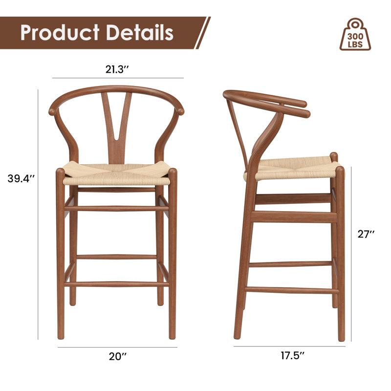 Tabouret de bar Wishbone, tabourets de bar à hauteur de comptoir tissé, chaises de bar en rotin entièrement assemblées pour îlot de cuisine, 1 pièce, noyer