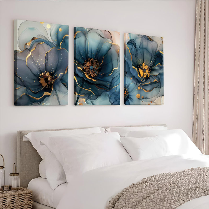 Tableau abstrait floral bleu sur toile tendue, style bohème moderne (lot de 3), H 30 po x l 60 po