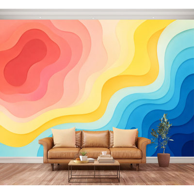 Papier peint mural autocollant à dégradé de vagues, décor abstrait et coloré, grand format, amovible et autoadhésif, idéal pour le salon, la chambre ou la chambre d'enfant (100 po H x 144 po L).
