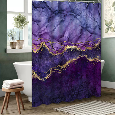 Violet Blue Gold Marble Abstract Shower Curtain with 12 Hooks