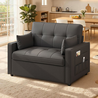 122cm Upholstered Convertible Sleeper Sofa Bed with Square Arm, Tufted Back, Pull-Out Chaise and Cushions
