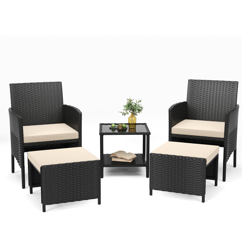 5 Pieces Outdoor Wicker Patio Conversation Set With Cushions And Ottoman, Beige Cushion/Black Frame