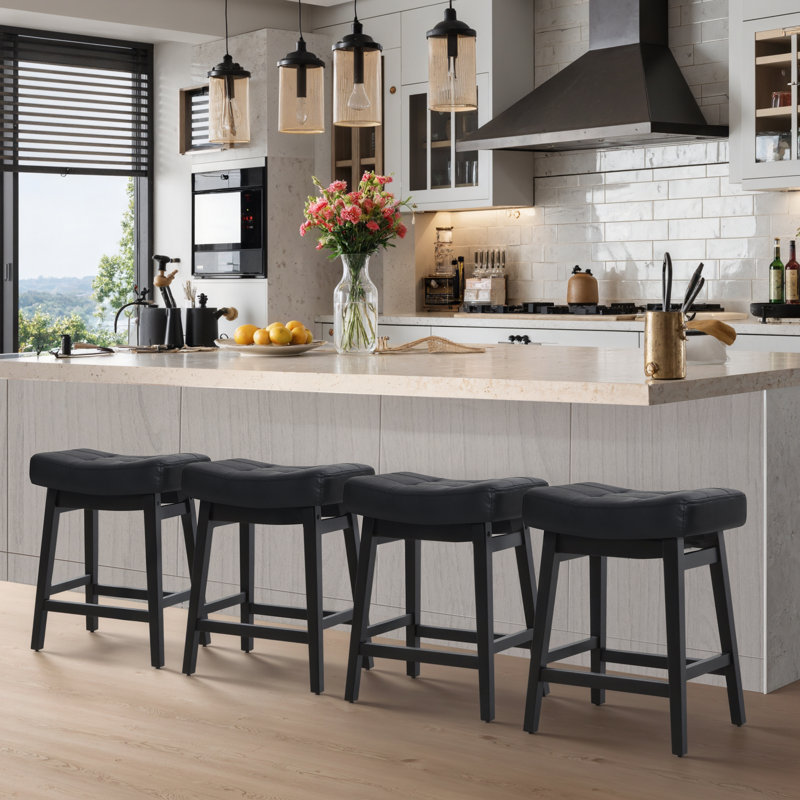 Upholstered Counter Stool with Solid Wood Frame, PU-Black Seat/Black Frame