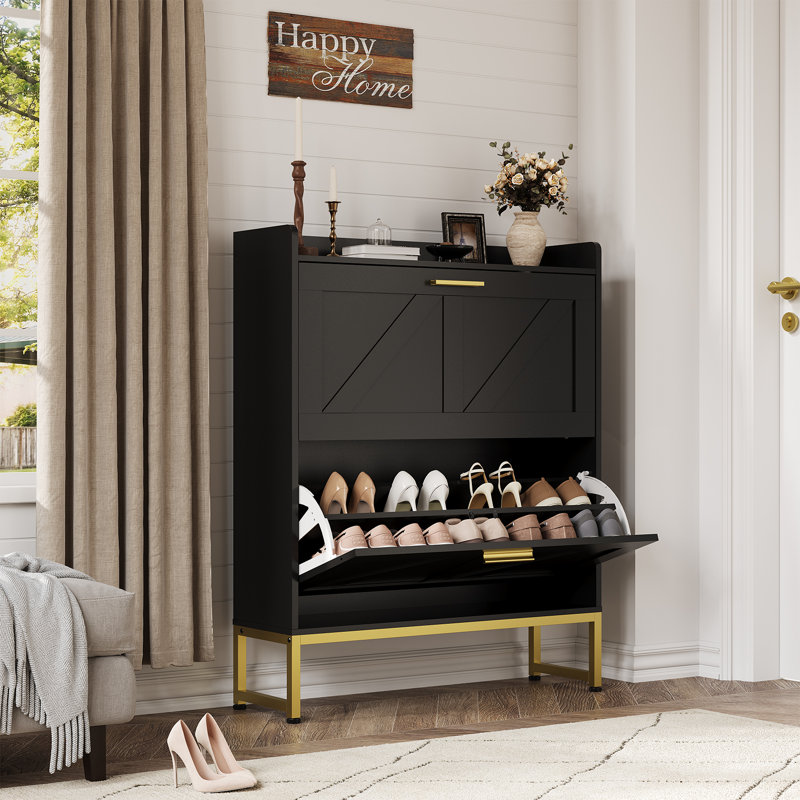 Narrow Shoe Cabinet w/ 2 Flip Drawers, Freestanding Entryway Organizer w/ Adjustable Shelves, Black, Black