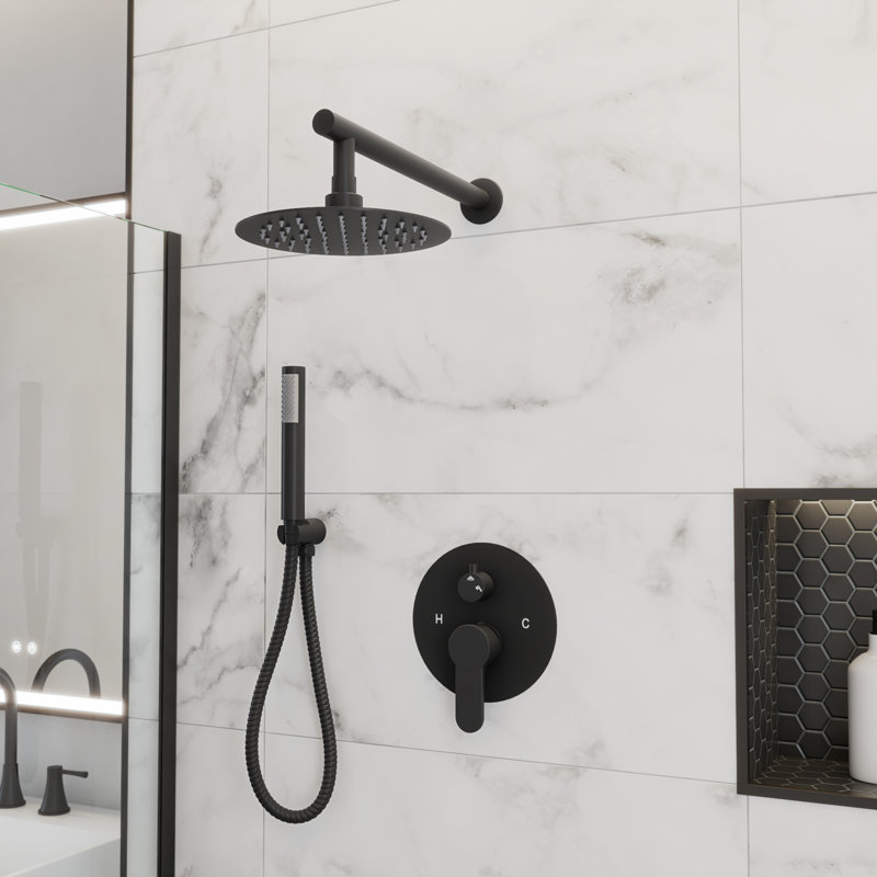 Mirage Rainfall Shower Set with Round Shower Head, Round Valve, and Wand Handshower, Matte Black, Matte Black