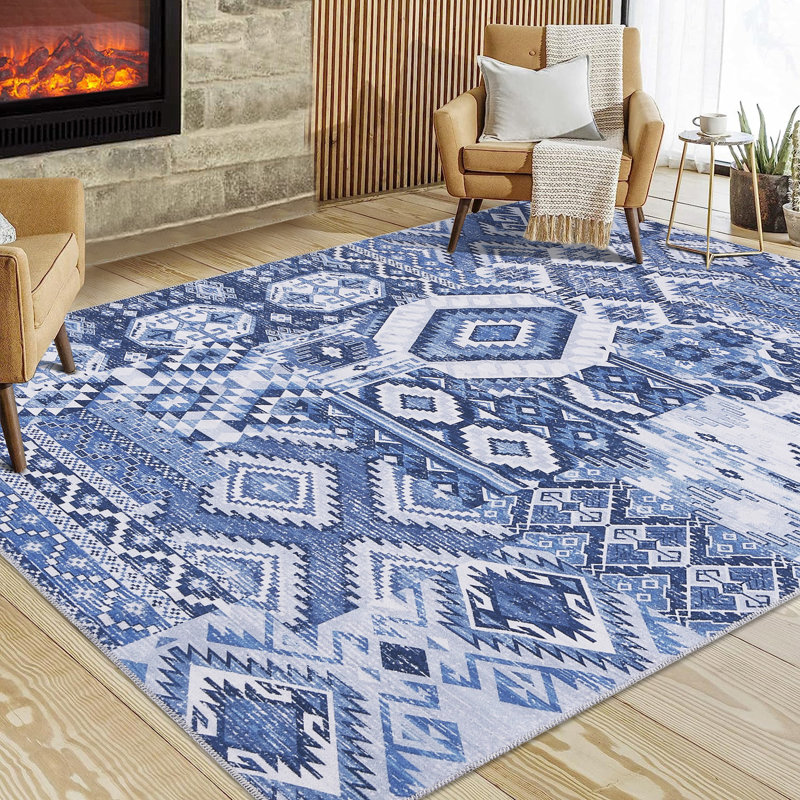 Machine Washable Area Rug Bohemian Rugs for Living Room Low Pile Non-Shedding Vintage Carpet for Bedroom Dining Home Office