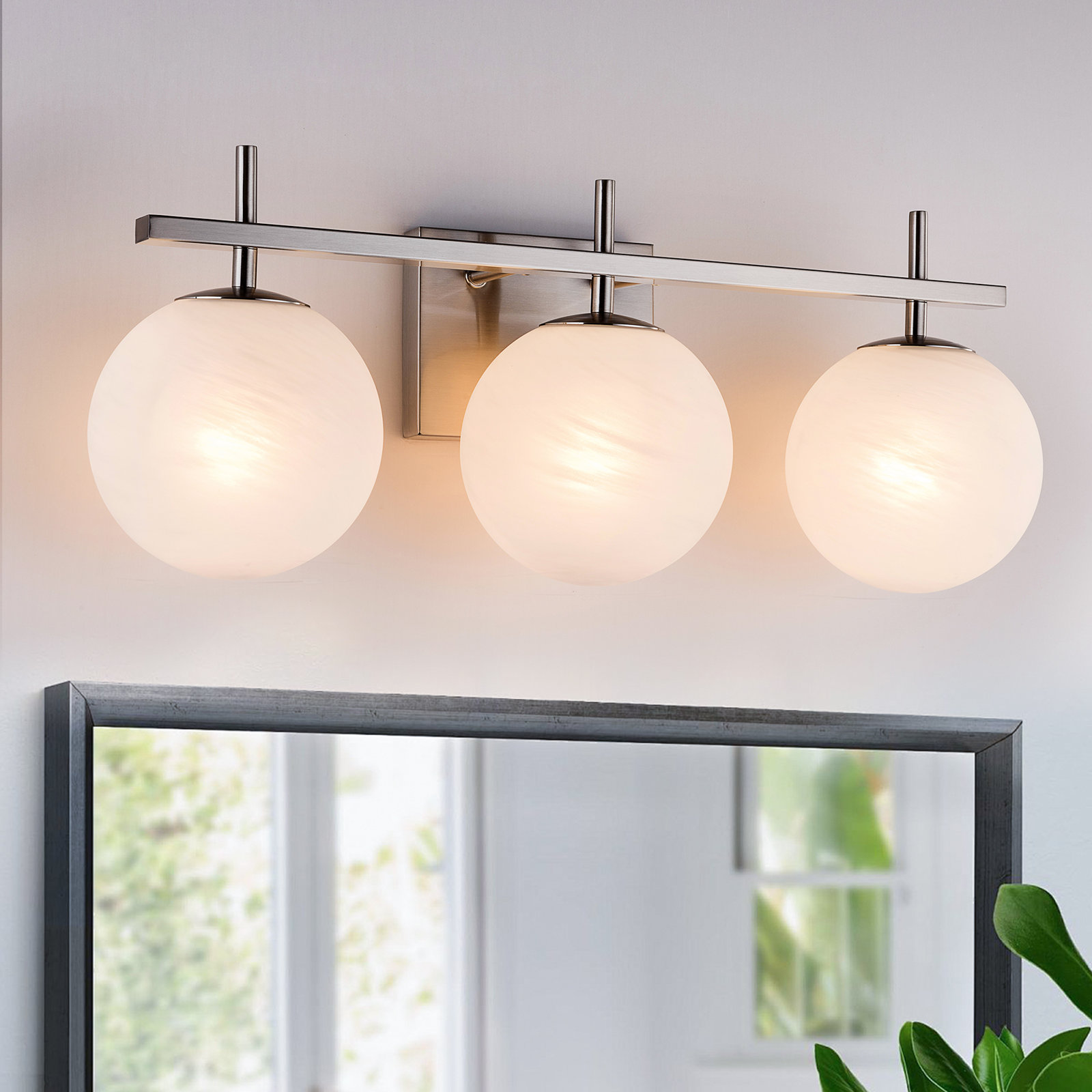 Bathroom Vanity Light With Round Shape Cloud Glass Shade, Polished Nickel, 3