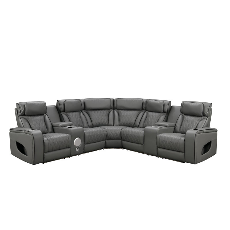 Canapé d'angle inclinable électrique en forme de L avec console audio Bluetooth, revêtement en similicuir gris, appuie-tête électrique, éclairage d'ambiance DEL, porte-gobelets et rangements