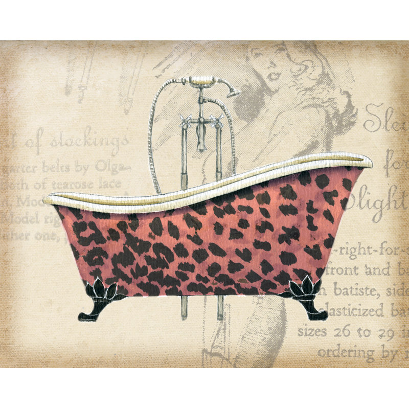 Pink Cheetah Bathtub - Painting Print, Black Floater Framed, 51 cm H x 76 cm W