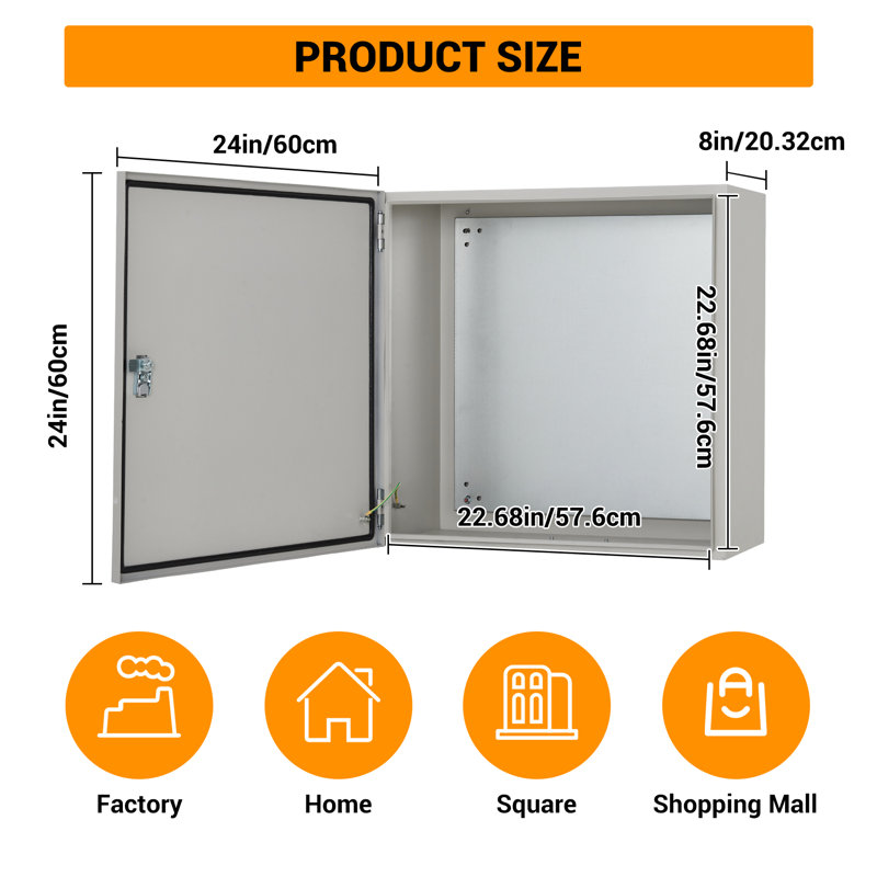 Steel Enclosure Electrical Junction Box with Mounting Plate for Indoor and Outdoor, 24" H x 24" W x 8" D