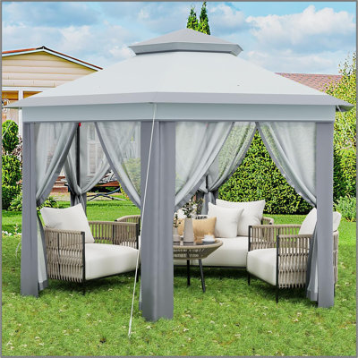 Tente d'auvent extérieure avec moustiquaire, abri de jardin escamotable, abri de soleil à double aération avec hauteurs ajustables, abri de jardin d'extérieur pour meubles de jardin et de patio, tente d'extérieur