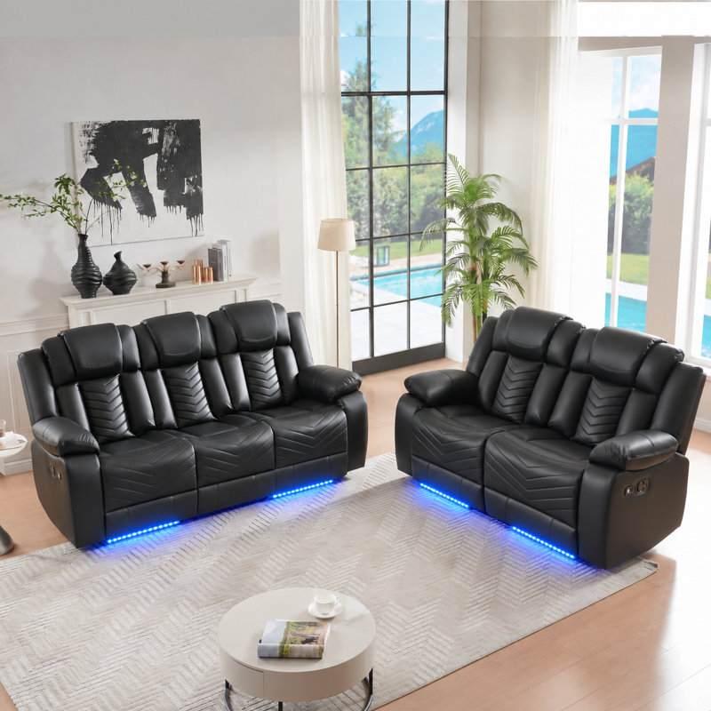 Ensemble de canapés inclinables manuels en similicuir noir à surpiqûres ondulées, comprenant un canapé 3 places et une causeuse 2 places avec éclairage DEL bleu au niveau de la base, mobilier de cinéma maison