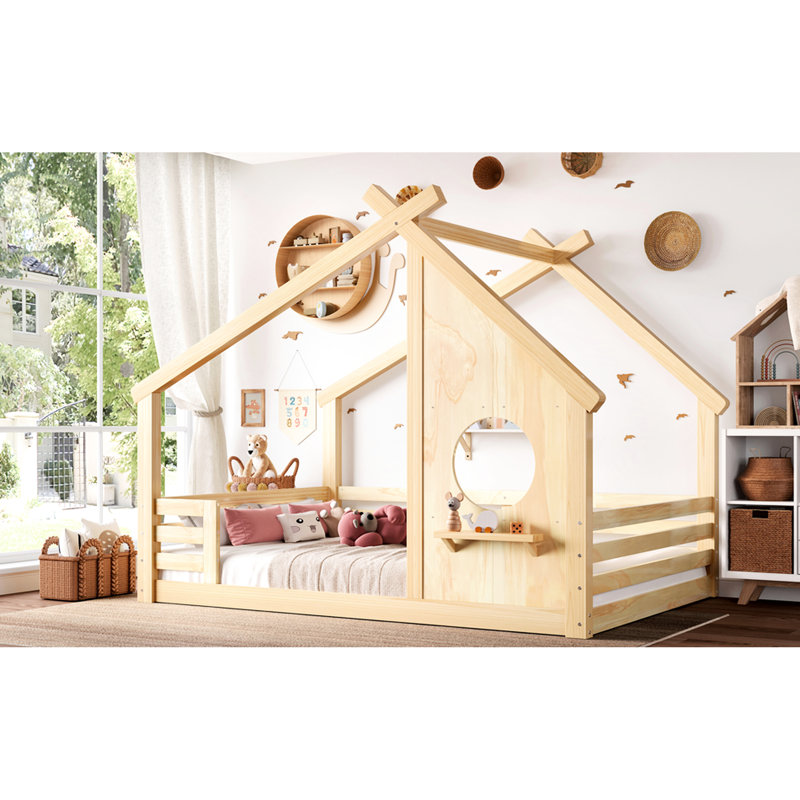 Full - Size House Shaped Floor Bed With Window And Small Shelf, Constructed For Longevity Easy Installation Families