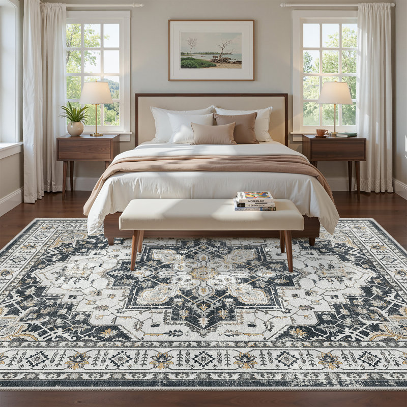 Malila Machine Washable Non-Slip Area Rug, Rectangle 5' x 7', Black