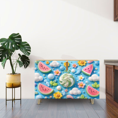 Sideboard Buffet Cabinet with Storage Colorful Summer Candy Fruit Design Watermelons Flowers Clouds Blue with 2 Doors for Living Room and Kitchen