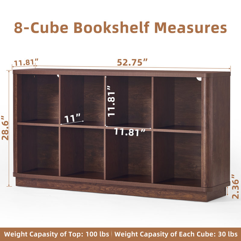 8 Cube Storage Book Shelf, 52" Long Horizontal Bookshelf with Curved Edge, Floor Standing Wooden Cubby Bookcase with Base, Modern Low Console Book Case, TV Stand for Living Room