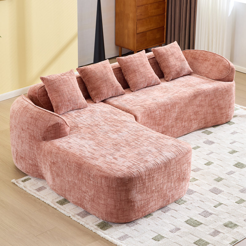 Canapé modulaire en L Chenille avec quatre coussins, Chenille rose