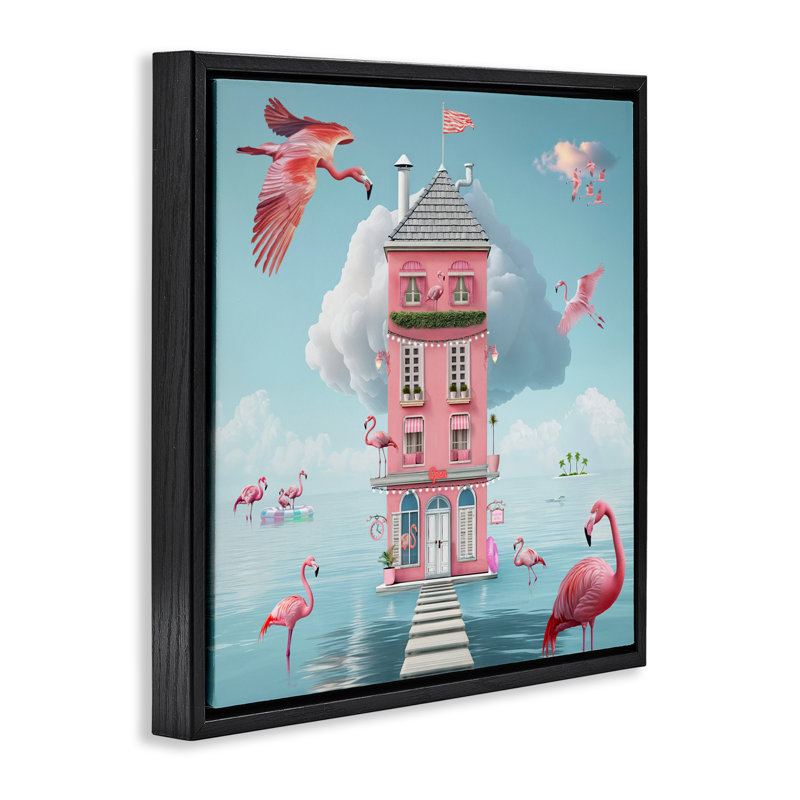 Hôtel Flamingo sur cadre flottant, design Lori Lea Studios, H 18 po x l 18 po, Cadre flottant noir de jais