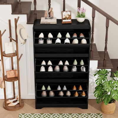 Black Narrow Shoe Cabinet w/ 3 Flip Drawers, Slim Entryway Organizer w/ Gold Handles, 10.25" Deep