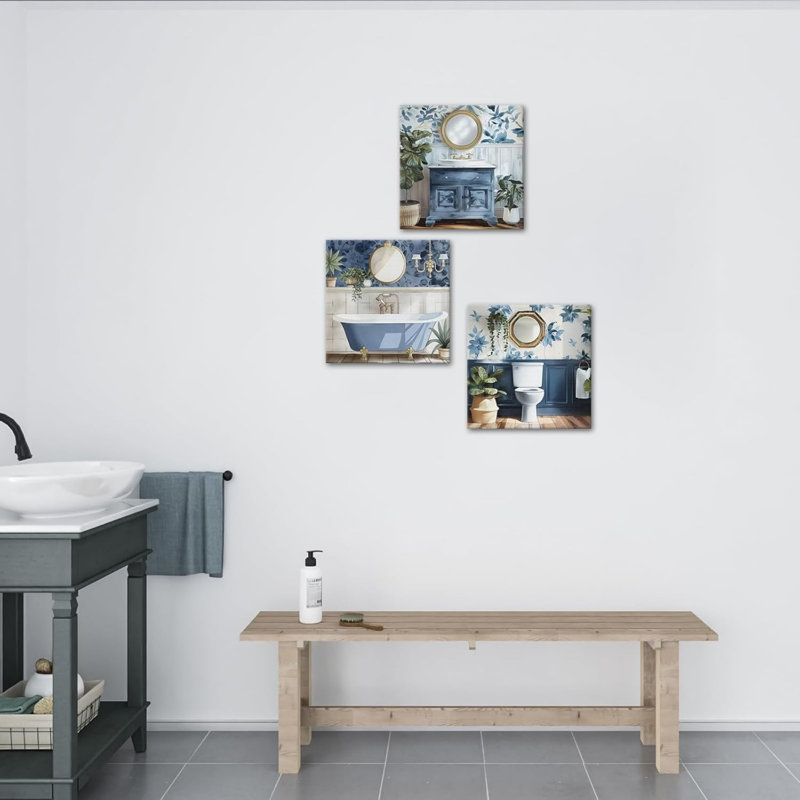 «Blue Botanical Bathroom», ensemble de 3 toiles pour salle de bain d'invités