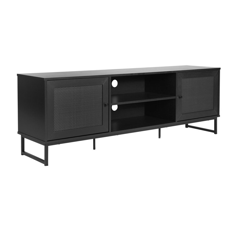 Meuble télé 65 po avec portes de rangement décoratives en rotin, Noir