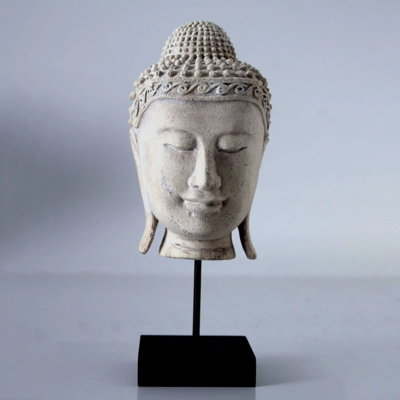 Ancient Buddha Head on Stand Stone Finish Statue