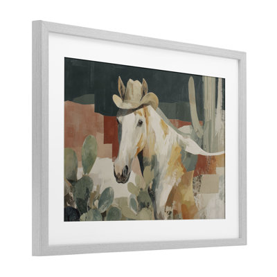 Cheval dans un chapeau de cowboy, reproduction encadrée sous verre, design par Chromatique Tempête Studio