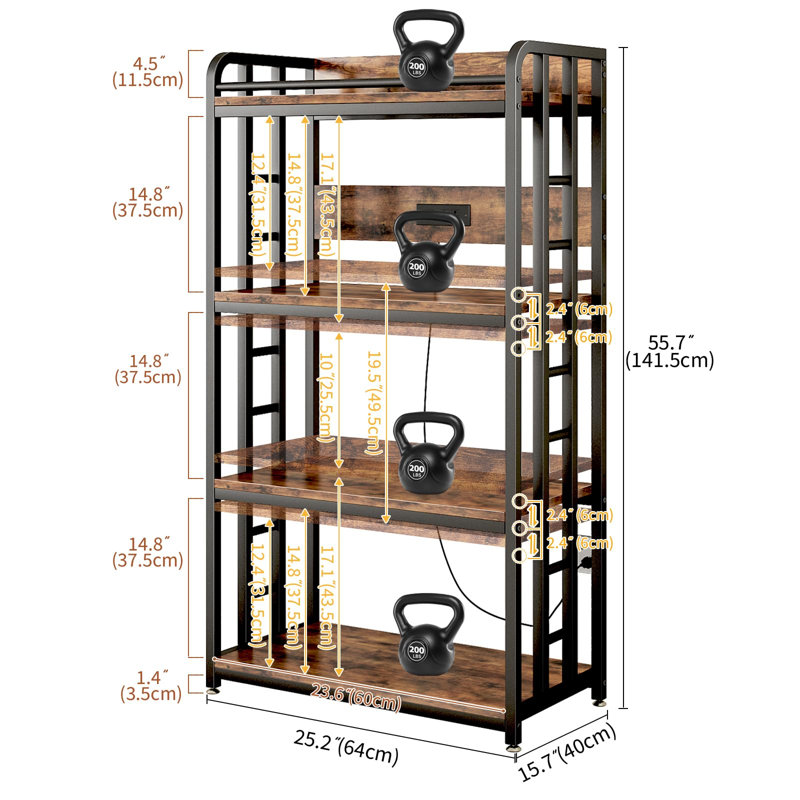 Support pour micro-ondes avec rangement, étagère de cuisine à 4 niveaux avec prise électrique et ports de chargement USB, chariot de cuisine à roulettes avec roues verrouillables et étagères réglables (brun rustique).