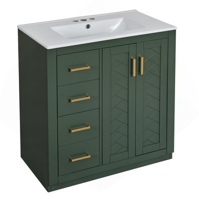 Ensemble de meuble-lavabo 30 po avec lavabo en céramique, armoire de rangement en bois massif, ensemble de meuble-lavabo autoportant avec 3 tiroirs et portes à fermeture douce