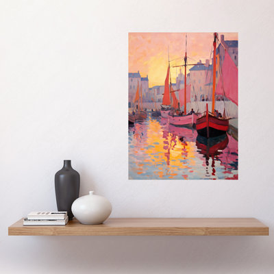 Wall Art Print Sailboats Reflecting in Harbour Water Pink Sunset Oil Painting Anchoring by Promenade Poster