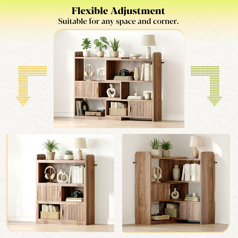 Modern Adjustable Bookcase - Open & Closed Storage, L-Shaped or Straight, for Living Room, Bedroom, Home Office, Brown