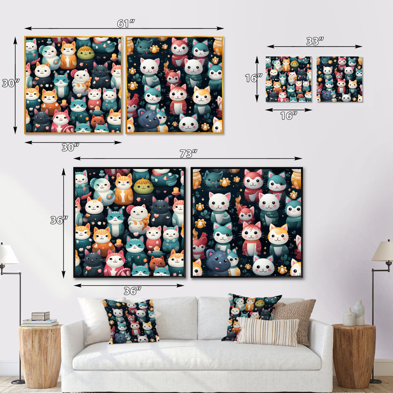 Maneki Neko Lucky Cat For Kids - animaux, ensemble de 2 collages carrés, Cadre flottant noir, H 16 po x l 33 po