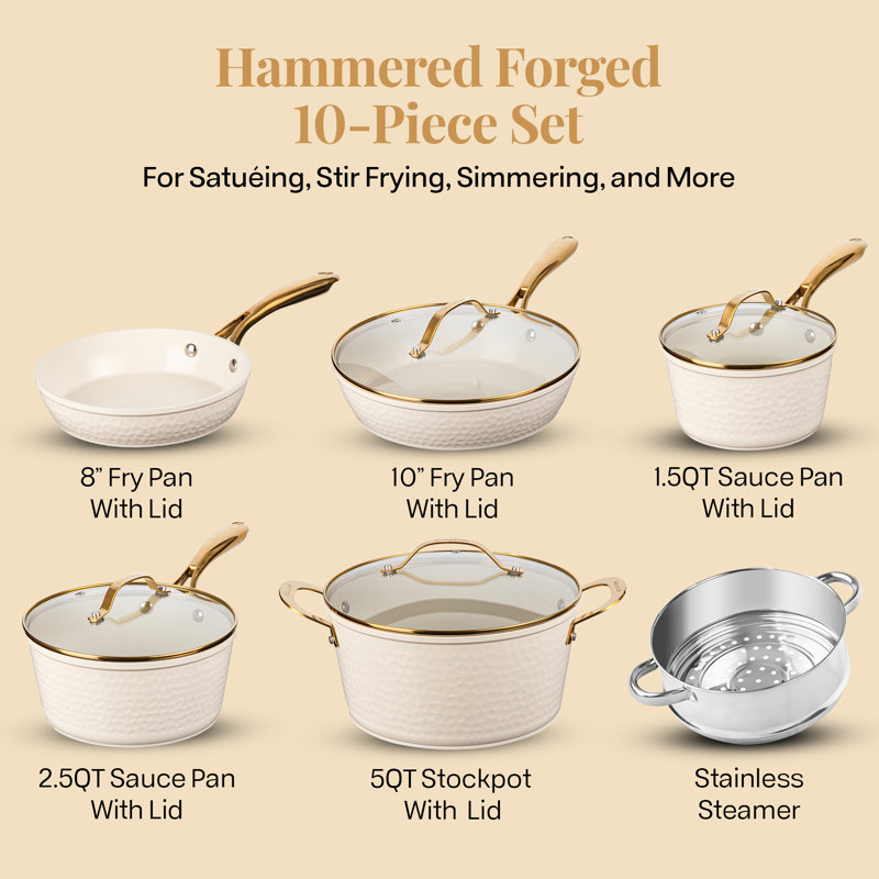 Gotham Steel 10 Piece Hammered Nonstick Ceramic Cookware Set, Cream