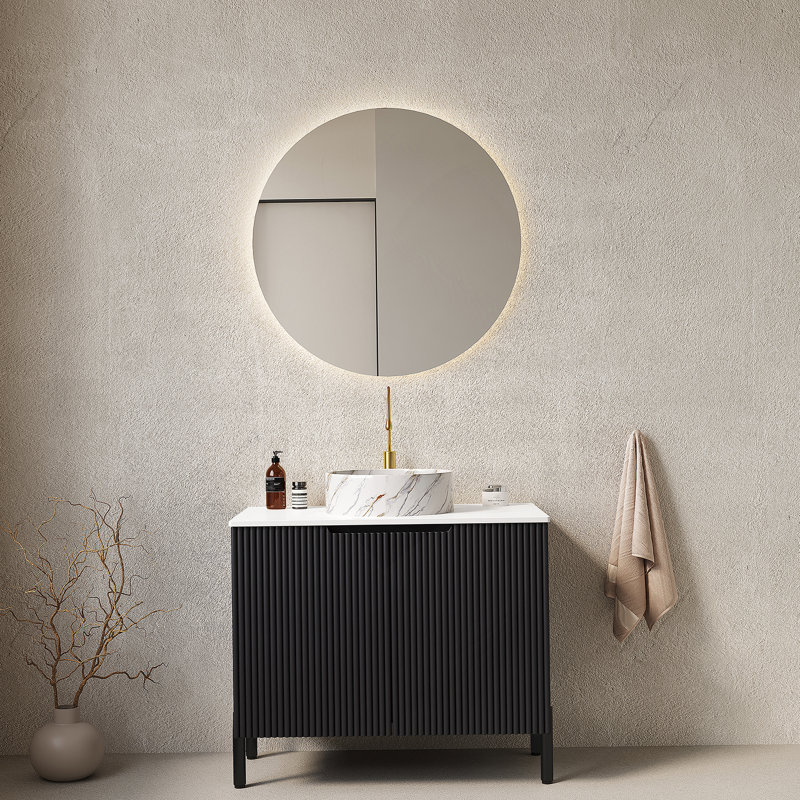 Bathroom Vanity with Sink, Freestanding Storage Cabinet, Ceramic Basin, Stone Pattern Counter Top, Soft Close System and Assembly Instructions