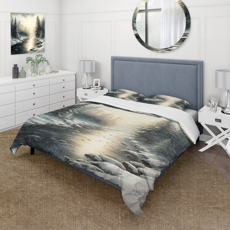 Ensemble de housse de couette en microfibre / polyester Sunlight Reflecting The Snow Forest River I