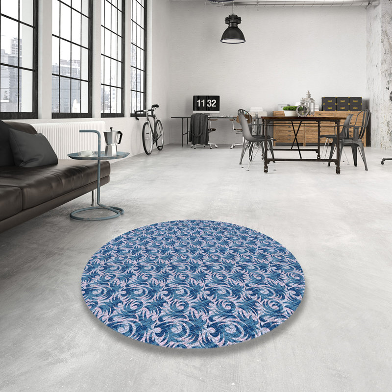 Tapis bleu/beige à motifs, Rond 5 pi