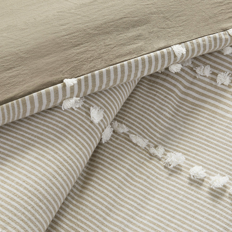 Housse de couette 3 pièces en coton très grand teint en coton avec rayures taupe et blanches
