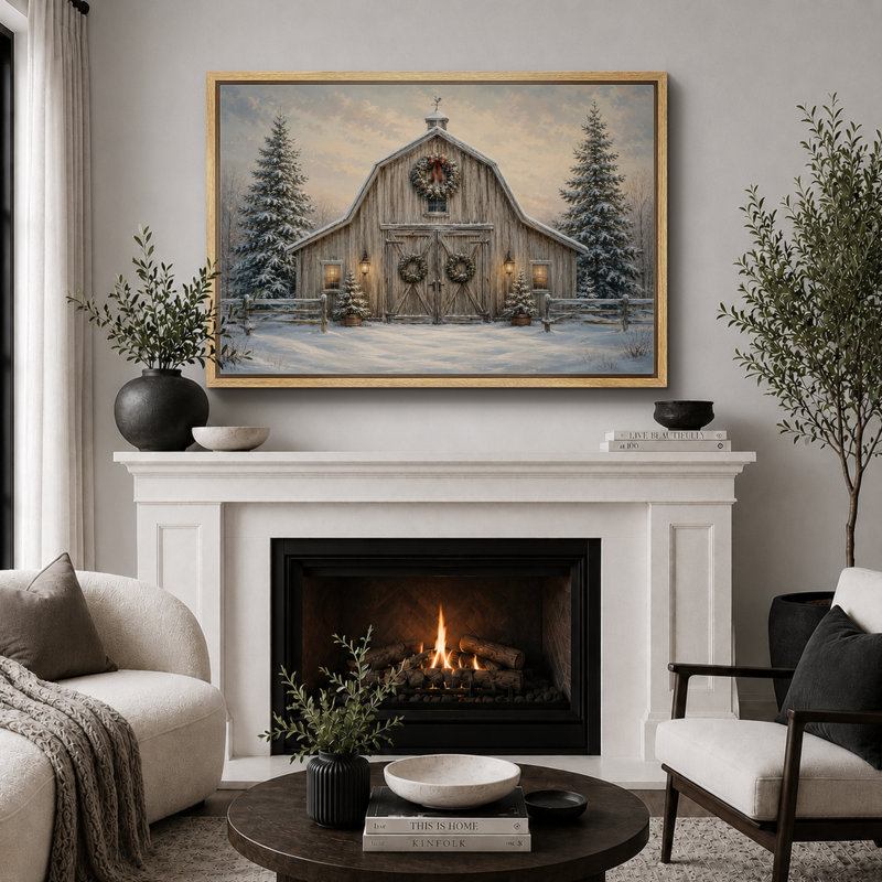 Illustration de Noël grange forêt enneigée, photos de salon, impression sur toile giclée sur toile encadrée, Cadre naturel