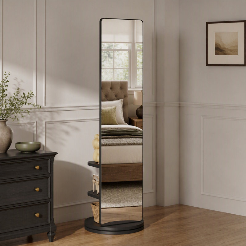 Miroir pivotant sur 360 ° avec portemanteau, cadre en bois massif, peu encombrant, H 68,8 po x l 19,69 po, Noir