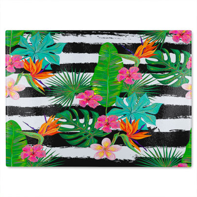 Tropical Plants On White Stripes Glass Chopping Board
