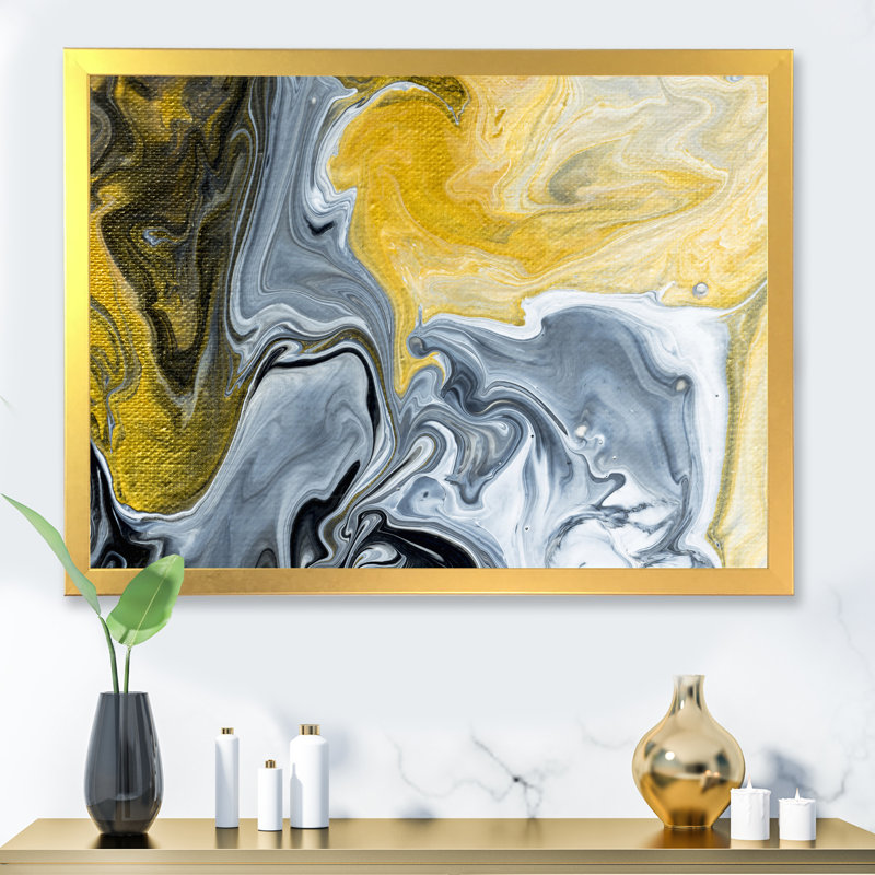 Noir noir, blanc et marbre abstrait II - peinture sur toile, H 34 po x l 44 po, Encadrement doré