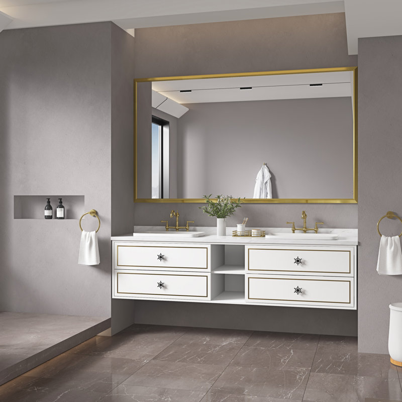 Miroir de salle de bain 84 po x 48 po avec cadre en aluminium, miroir mural rectangulaire, 48,03 po x 84,03 po, Or brossé