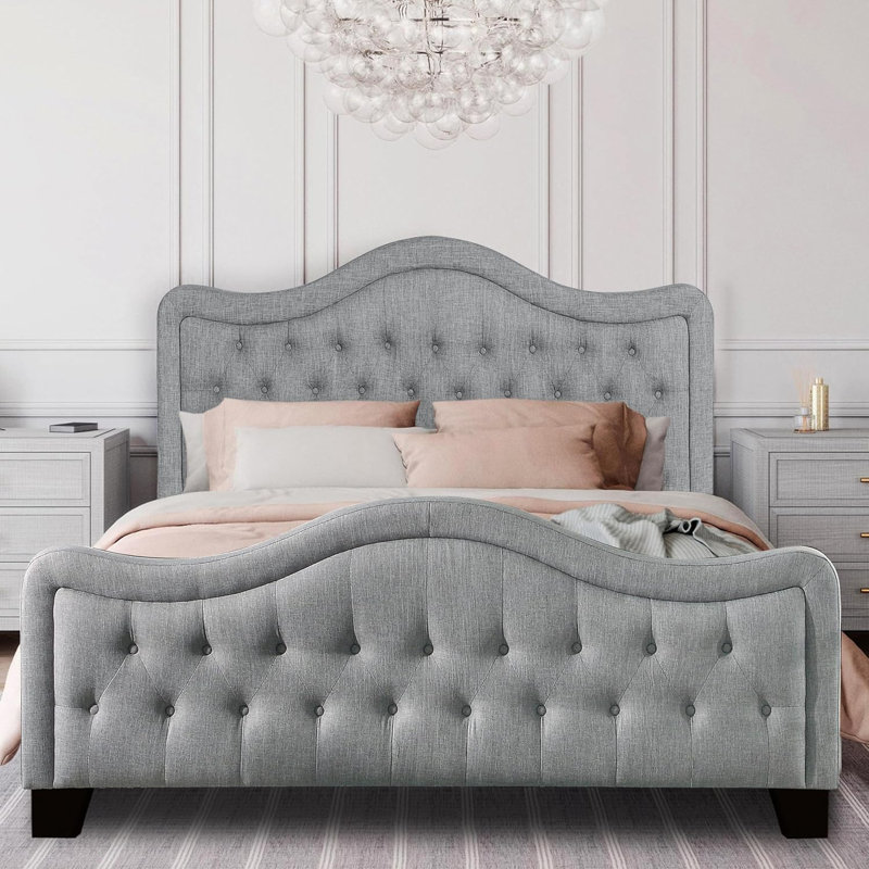 Tête de lit tapissier capitonnée à hauteur réglable avec pied de lit, Gris, Très grand lit