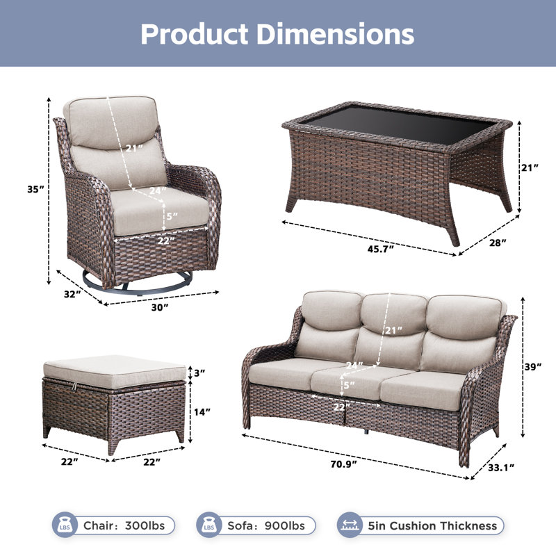 Ensemble de conversation d'extérieur en osier 8 pièces avec chaises pivotantes et table basse 8 pièces, Beige, Brun