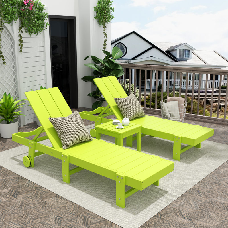 Joubert 77.6" Long Outdoor All-Weather Poly Reclining Single Chaise Set with Table, Lime